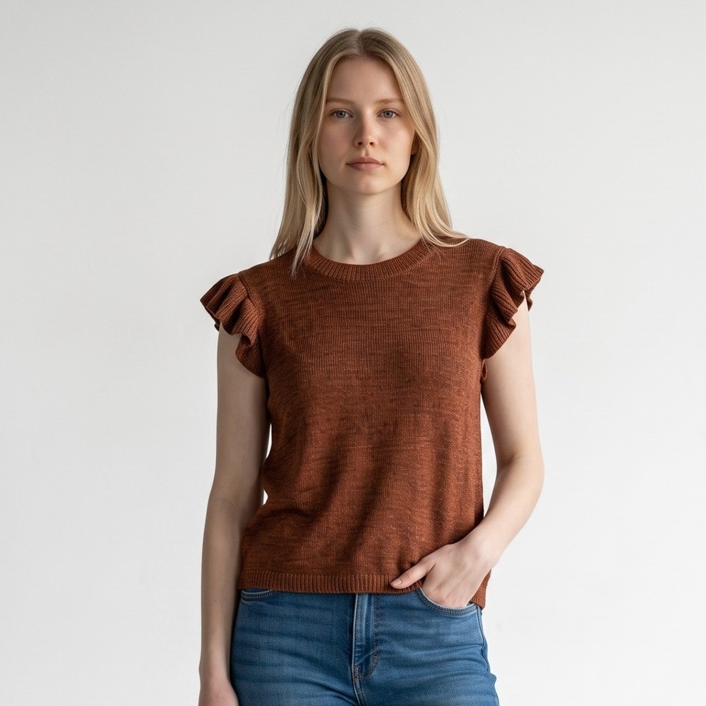 Amaryllis Boho Cottagecore Ruffle Sleeve Knit Rust Brown Sweater Top ML